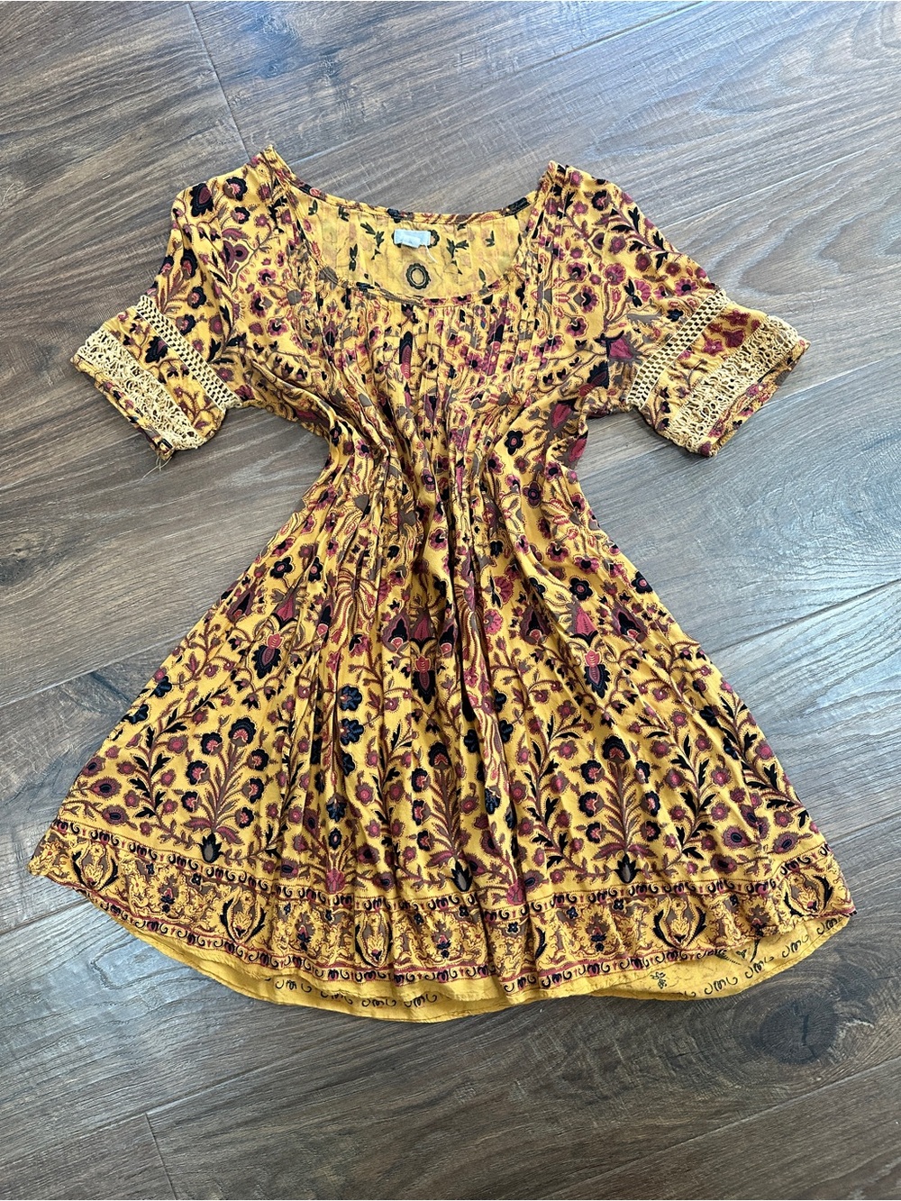Ecote Mustard Yellow Floral Dress with Burgundy Accents